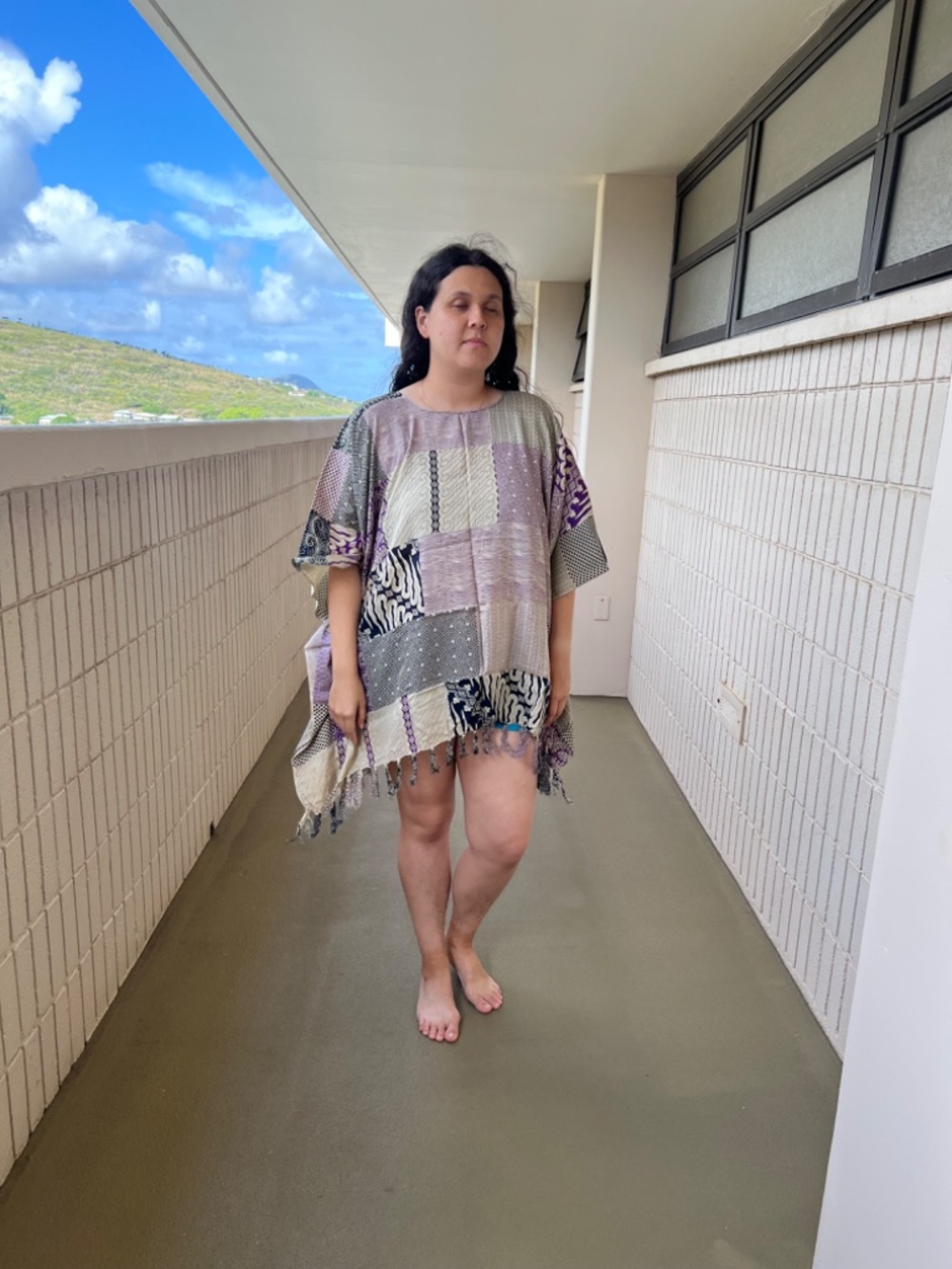 0059/ purple Multicolor Poncho with fringed, Batik Poncho with fringed